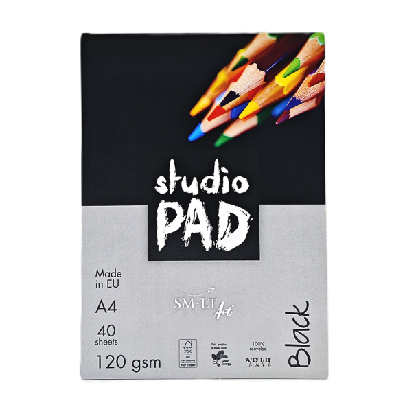 Склейка для ескізів та рисунку Studio, А4, 120г/м2, 40л, чорний папір, SMILTAINIS