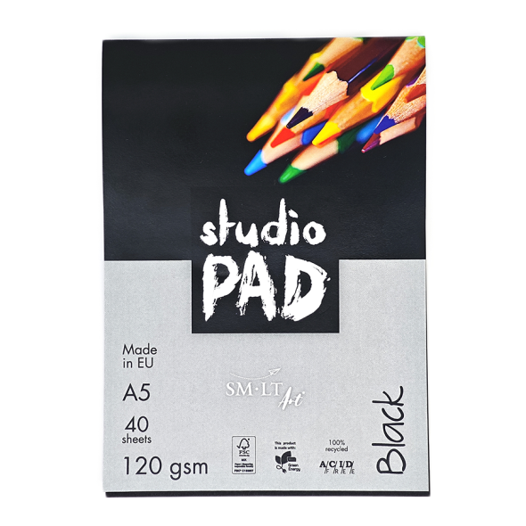 Склейка для ескізів та рисунку Studio, А5, 120г/м2, 40л, чорний папір, SMILTAINIS