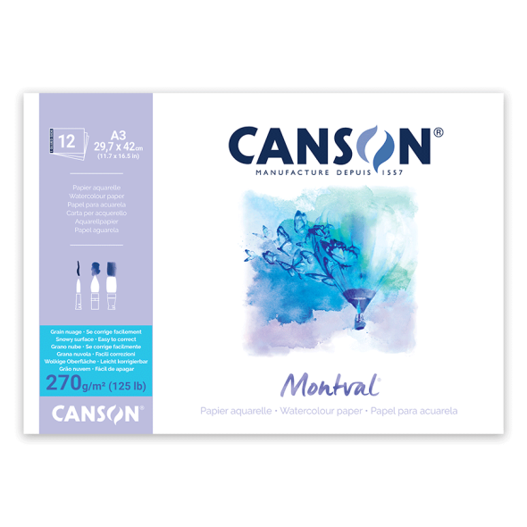 Склейка для акварелі MONTVAL А3 270г/м2 12л натуральний білий крупне зерно Canson