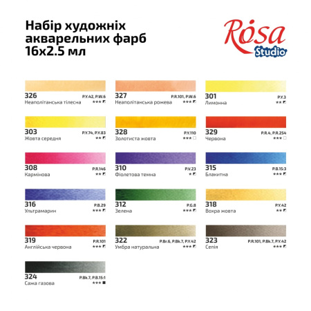 Набір акварельних фарб PORTRAIT 16*2,5мл, кювета, картон, ROSA Studio