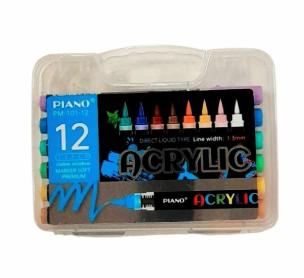 Набiр акрилових маркерів ACRYLIC (пензель) 1-3мм, 12кол., plastic box PIANO PM-101-12
