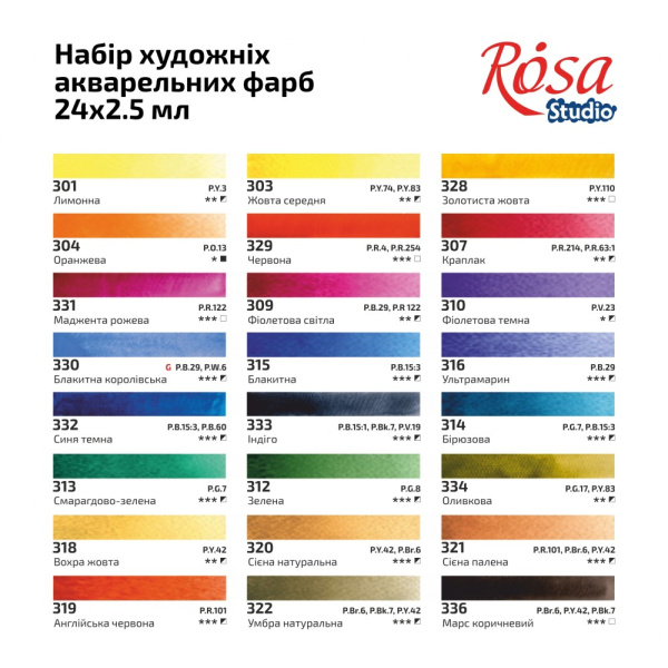 Набір акварельних фарб PLEIN AIR, 24*2,5мл, кювета, картон, ROSA Studio