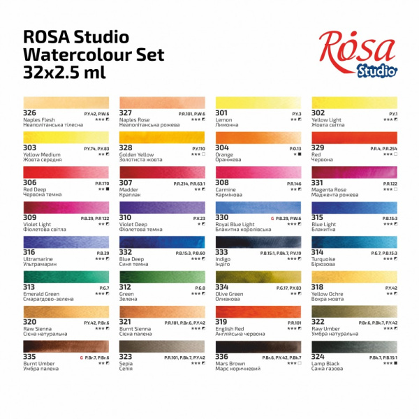 Набір акварельних фарб, 32*2,5мл, кювета, картон, ROSA Studio
