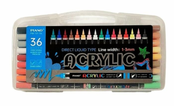 Набiр акрилових маркерів ACRYLIC (пензель) 1-3мм, 36кол., plastic box PIANO PM-101-36